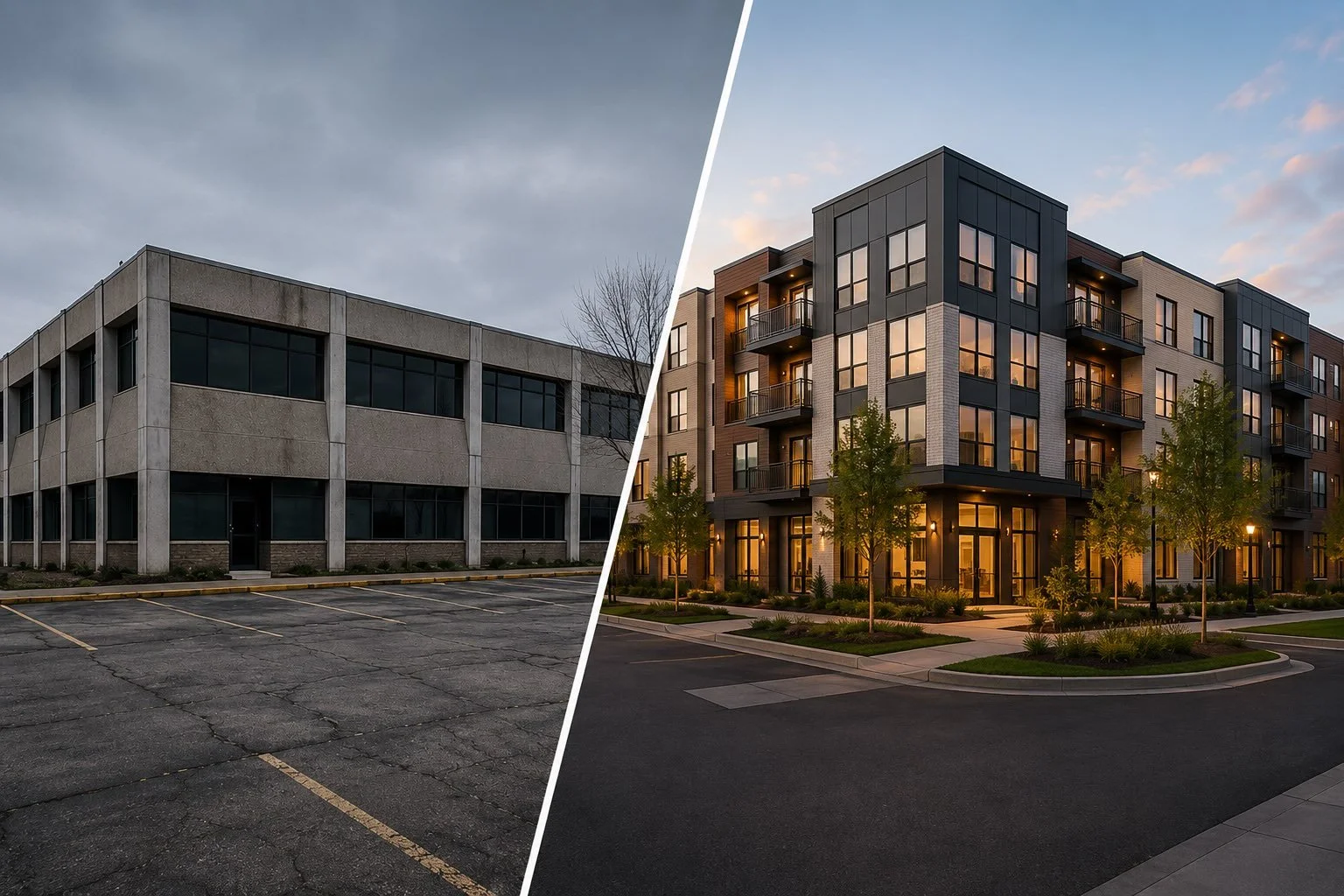 Split view of an outdated commercial building and a modern multi-family apartment development.