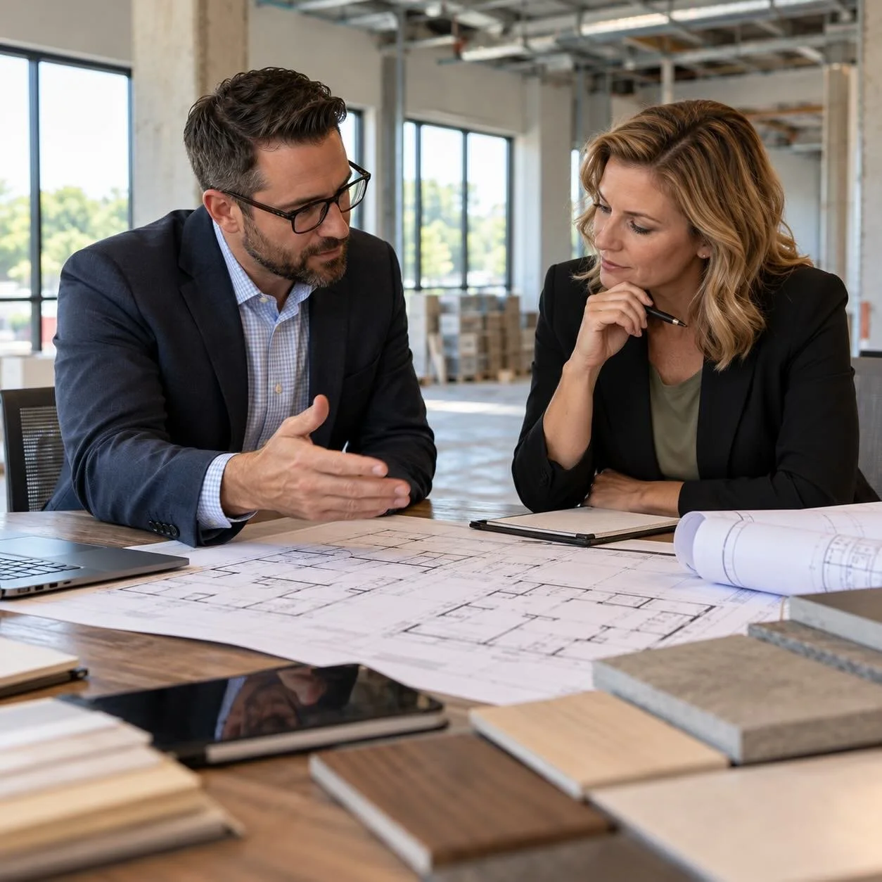 Business professionals reviewing renovation plans and tenant improvement costs.