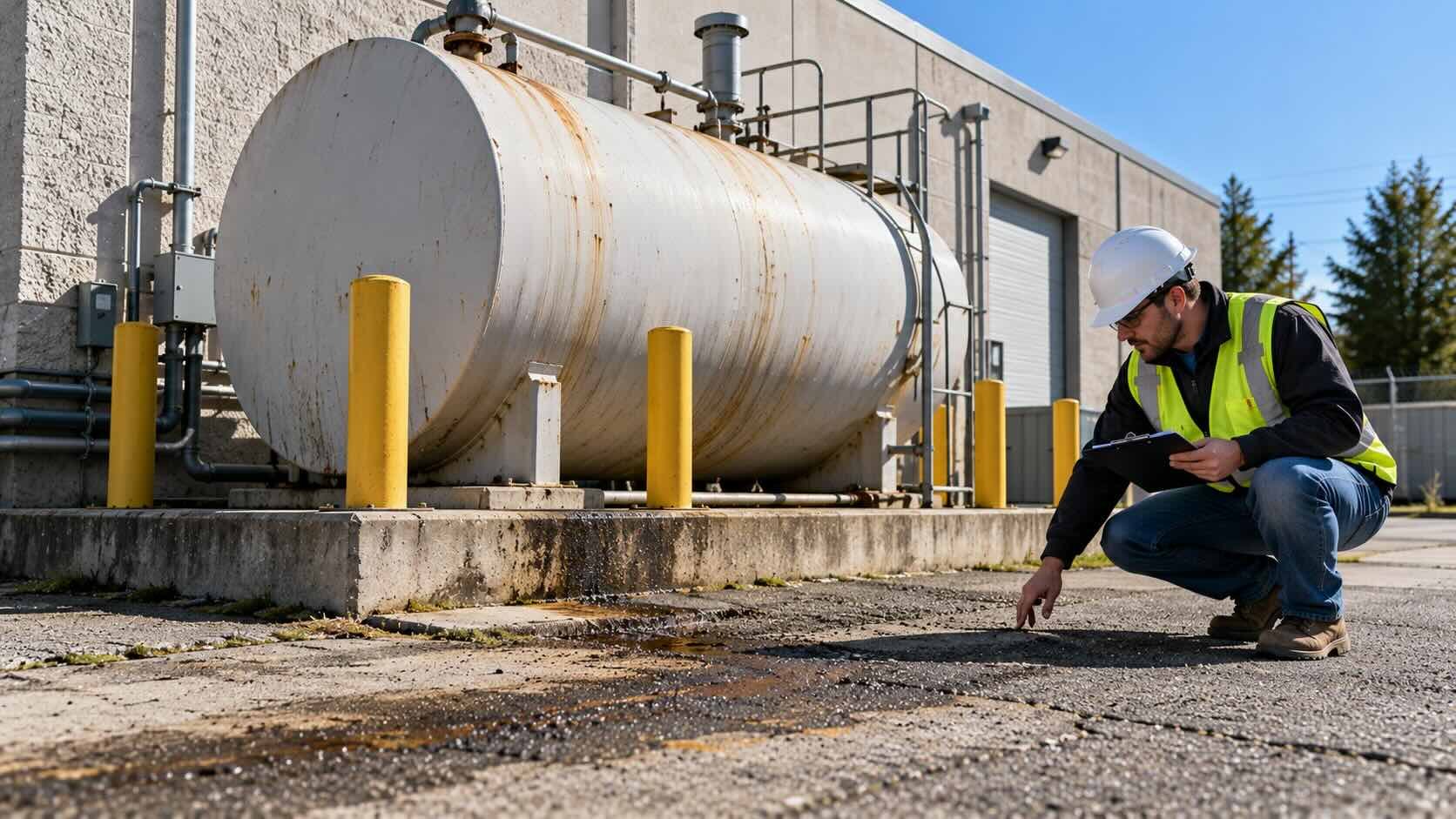 Man inspecting ground around oil tank