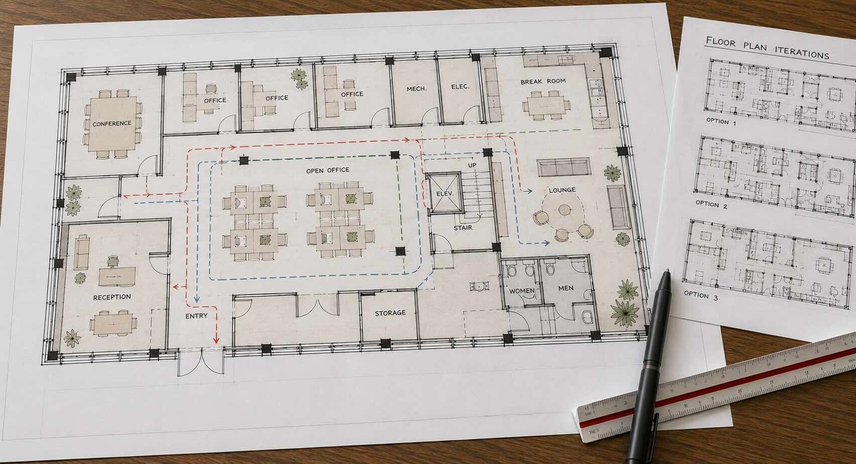 Office floor plan with circulation routes, room layouts, stairs, elevator, and three alternative design options.
