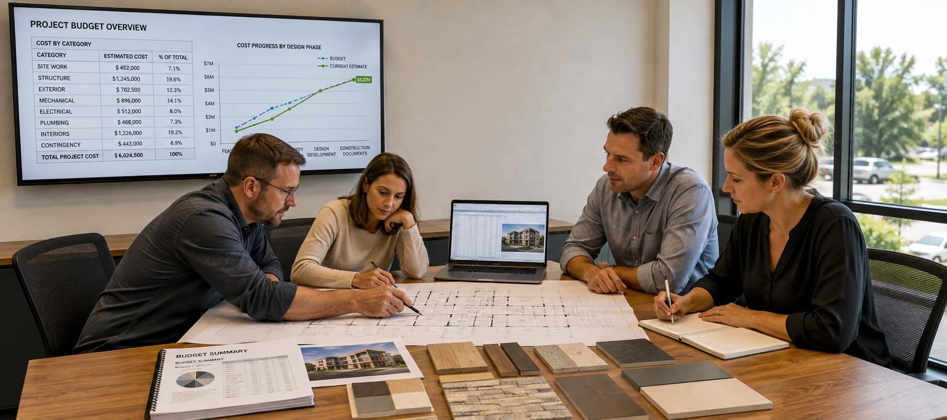Project team reviewing architectural plans, material options, and budget estimates during a value-engineering meeting.