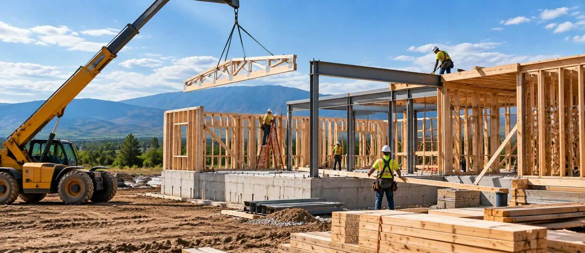 Construction crews framing a new building with wood and steel on a mountain-view site.