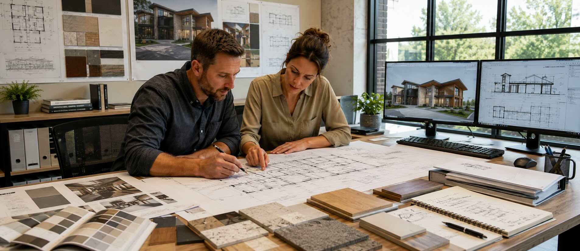 Architects reviewing detailed plans, materials, and digital building models during design development.
