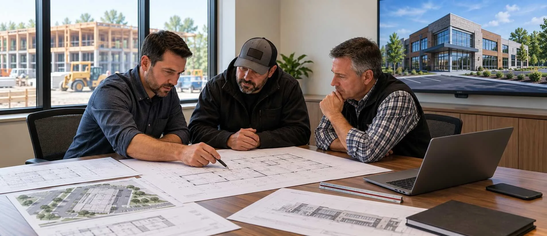 Architect and contractors reviewing construction drawings during the contractor selection and bidding process.