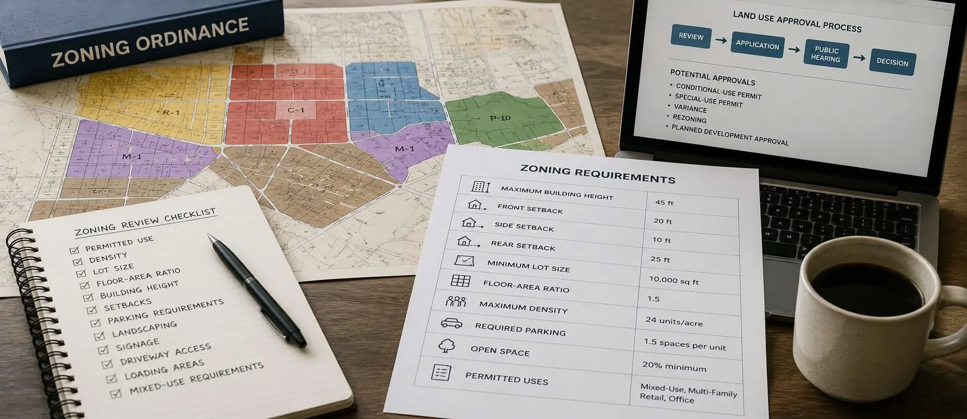 Zoning map and planning documents used to review permitted uses, setbacks, density, parking, and land-use approvals.