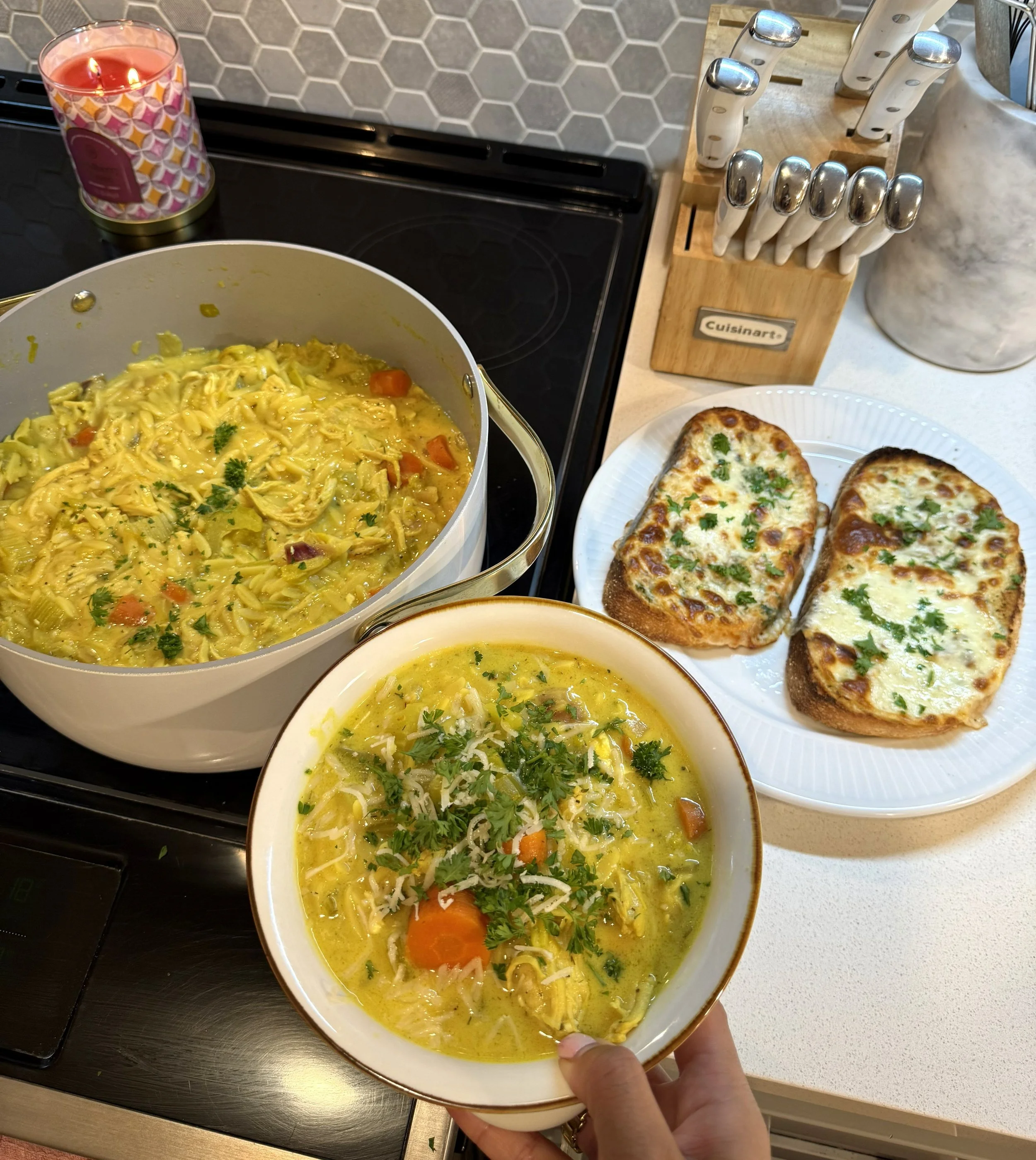 Greek Lemon Chicken Orzo Soup &amp; Cheesy Roasted Garlic Bread