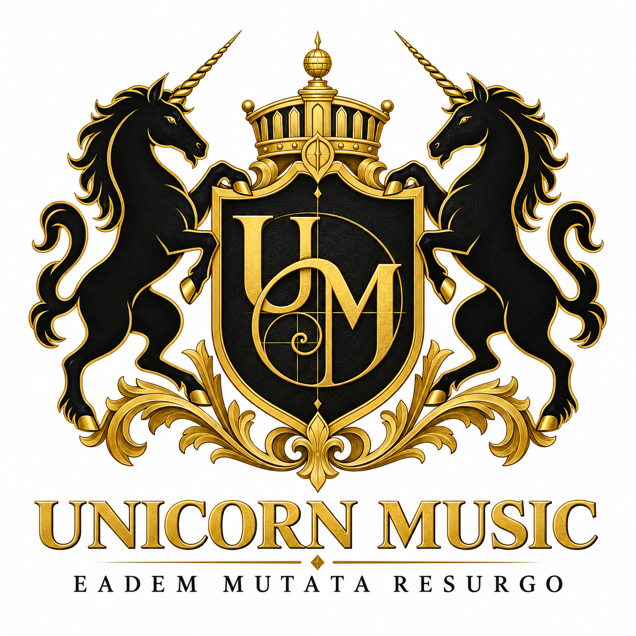 A decorative crest with two black unicorns with gold accents, a shield in the center featuring the initials 'U' and 'M,' and Latin words 'Eadem Mutata Resurgo' below, with the phrase 'Unicorn Music' at the bottom.