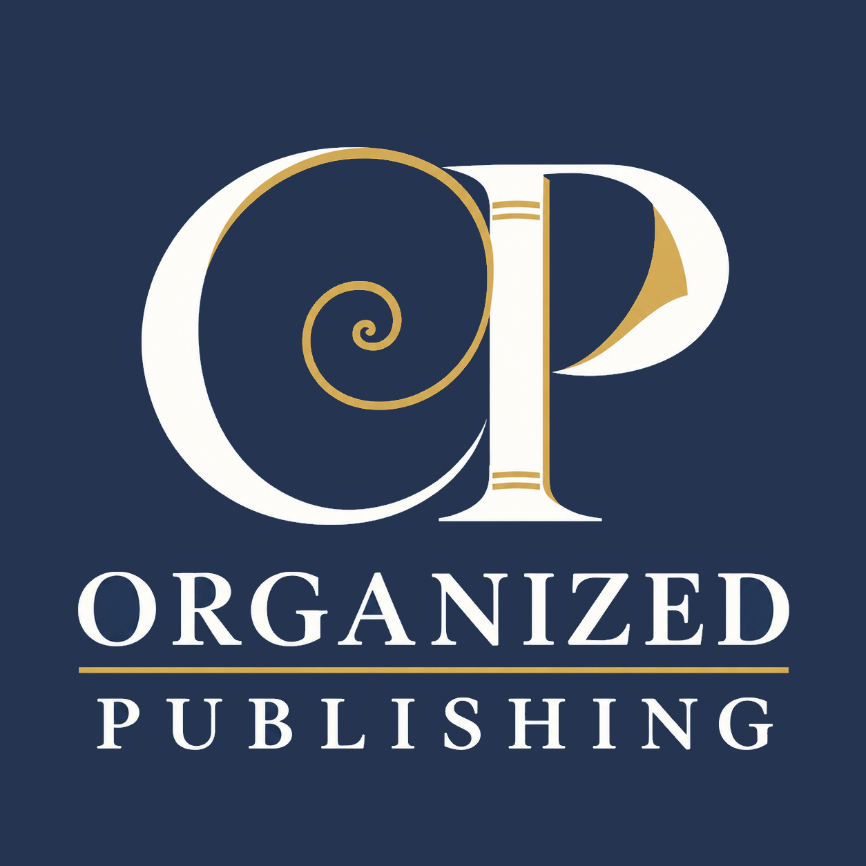 Logo for Organized Publishing featuring an ornate letter 'O' with gold accents on a dark blue background and the text 'Organized Publishing' below.