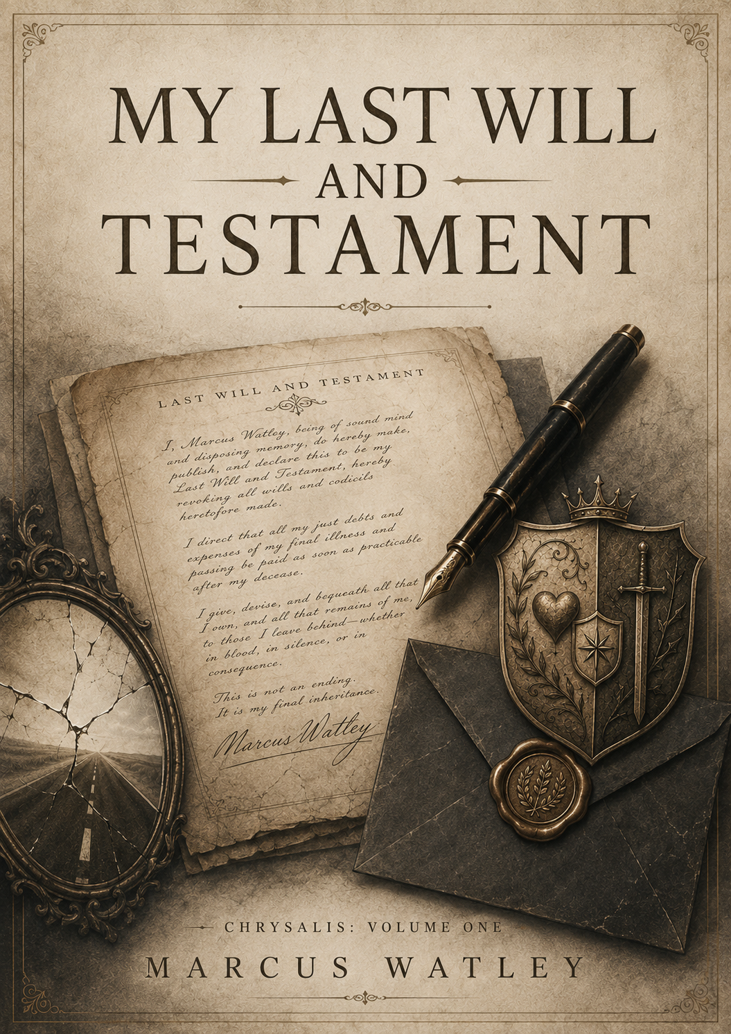 Book cover for 'My Last Will and Testament' by Marcus Watley, featuring an aged handwritten will, a vintage clock with a cracked glass, a fountain pen, a shield with a heart, sword, and star, and an envelope with a wax seal.