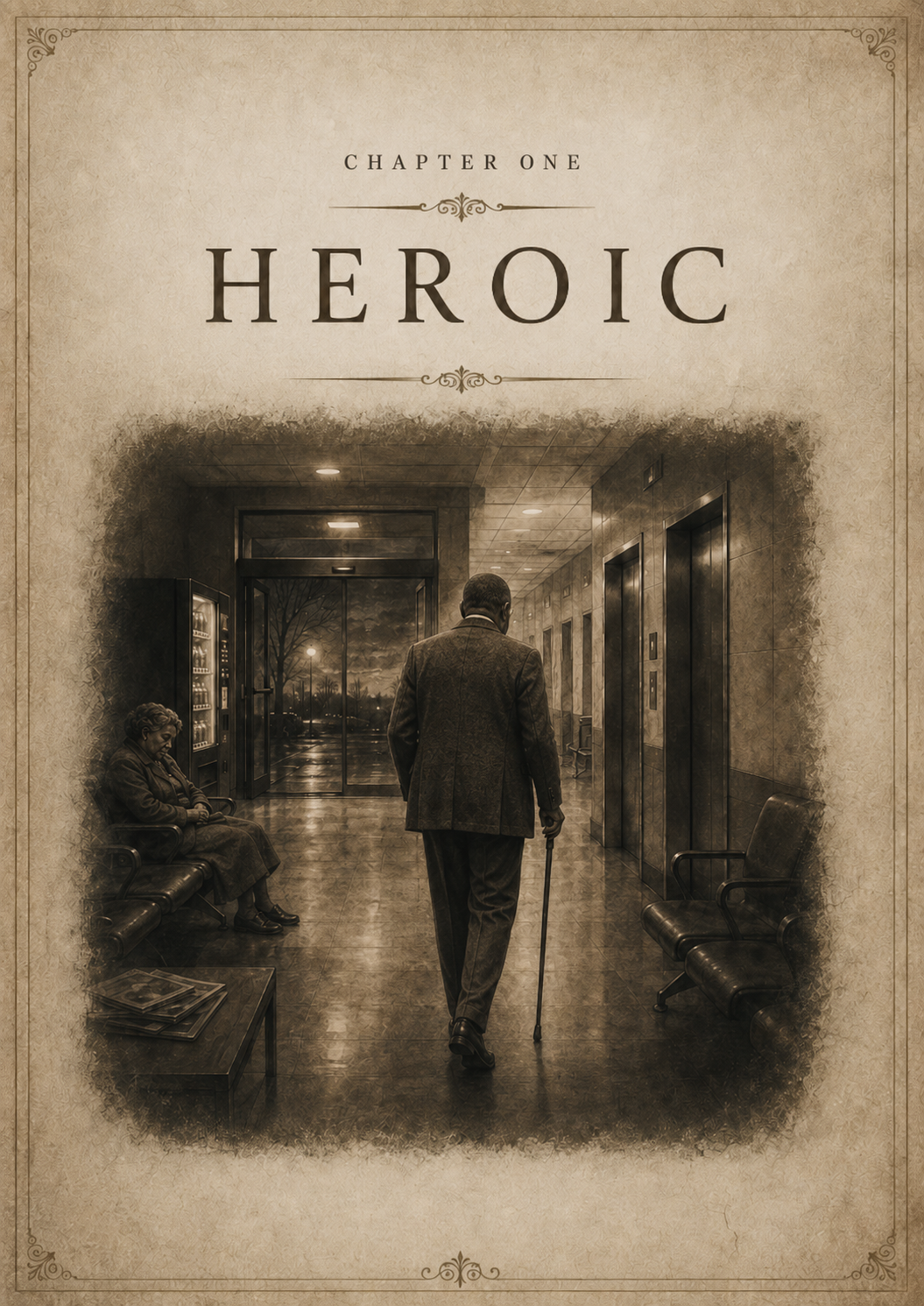 A vintage-style sepia-toned illustration depicting an elderly woman sitting on a bench and a man walking with a cane down a hospital corridor with elevators. The heading reads "Chapter One Heroic."