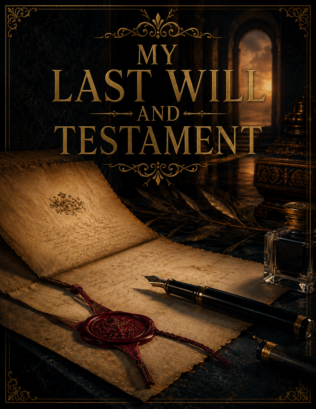 A vintage-style image with an open aged parchment letter, a fountain pen, a wax seal, and a small ink bottle. The background shows a dimly lit castle interior with an arched window revealing a sunset sky. Overlaid text reads 'My Last Will and Testament' in elegant gold lettering.