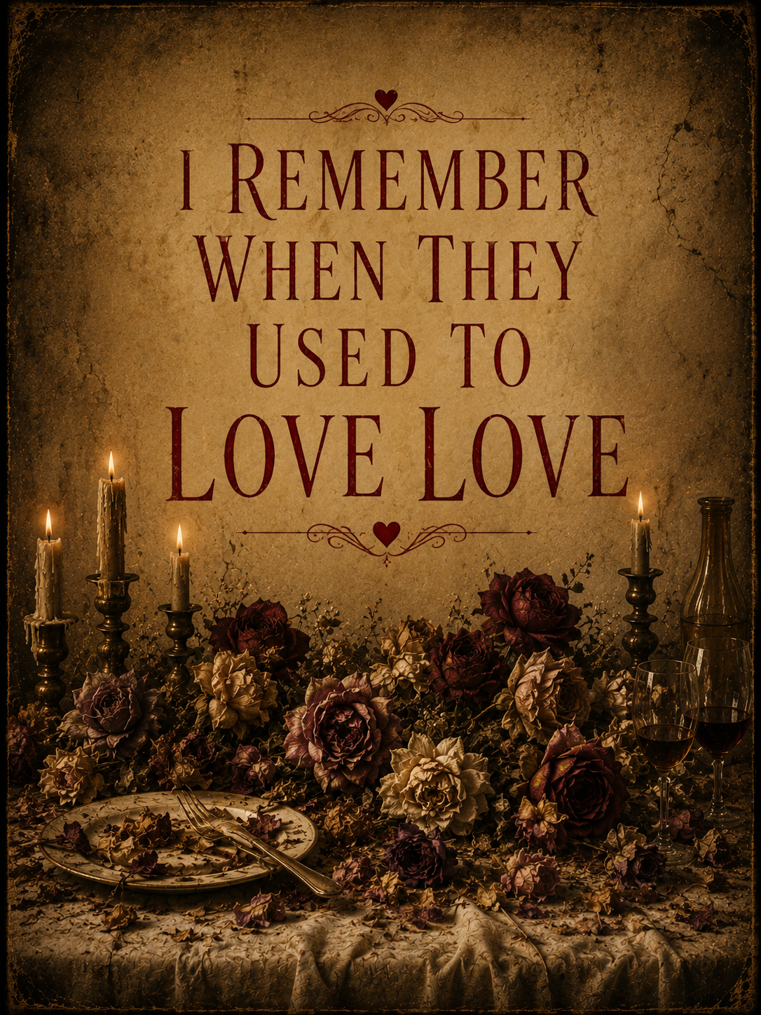 A vintage-themed romantic table setting with candles, red and cream roses, wine glasses, and a decorative backdrop that reads, 'I remember when they used to love love.'