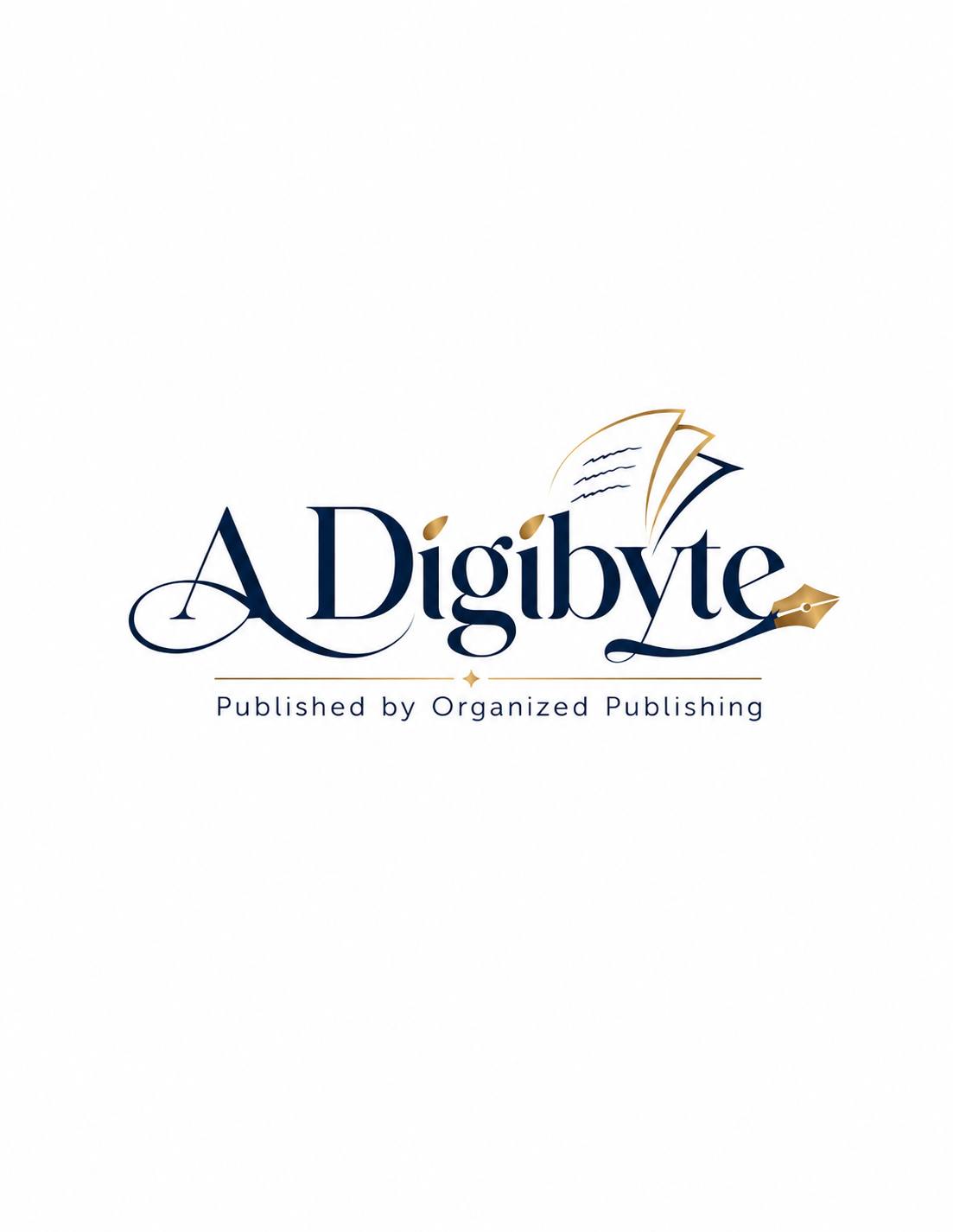 Logo for Digbyte, published by Organized Publishing, featuring stylized text and a design of a fountain pen nib, feather, and paper pages.
