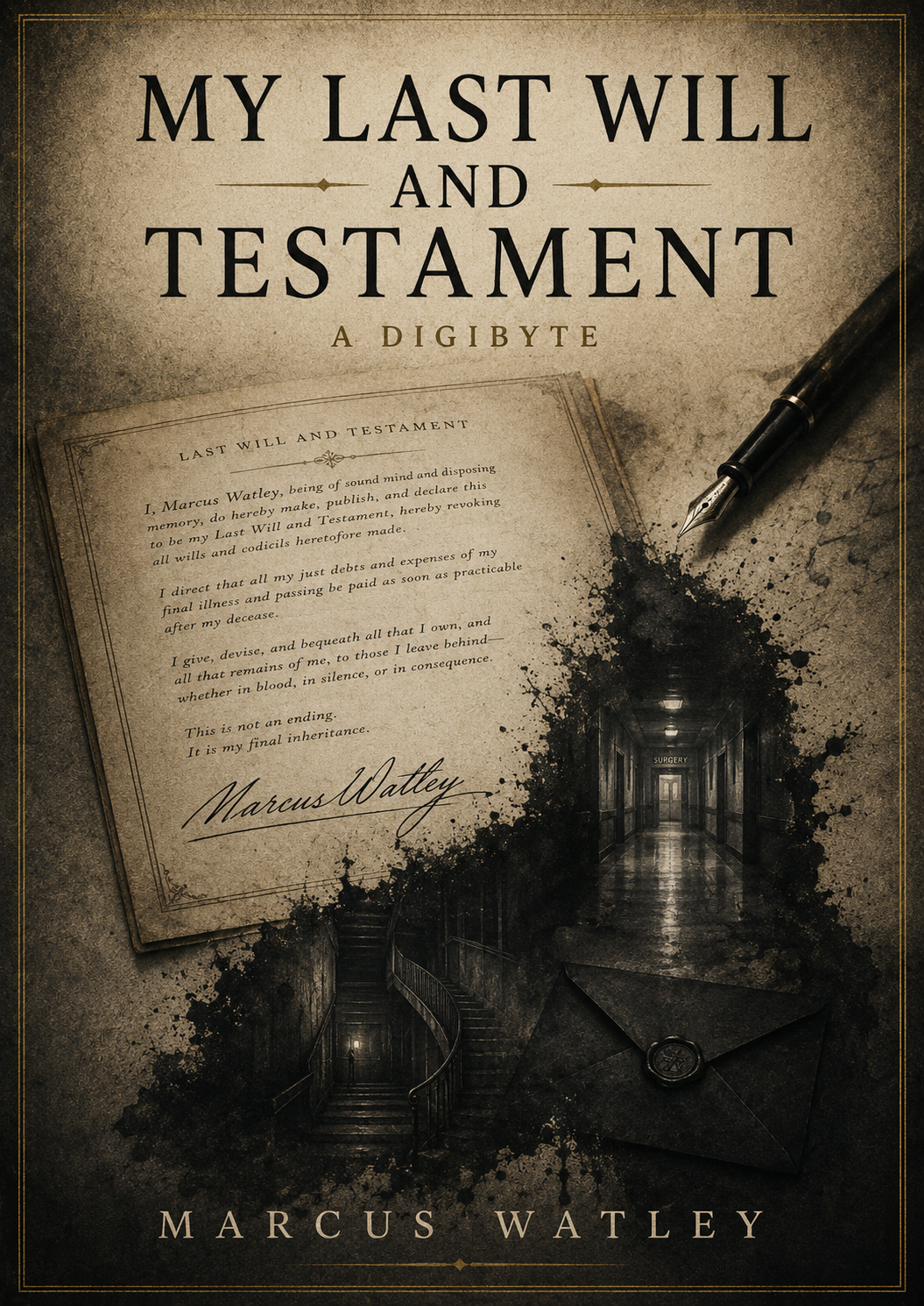 Book cover titled "My Last Will and Testament: A Digibyte" by Marcus Watley, featuring an aged document, a fountain pen with ink splatters, a dark corridor labeled "surgery," and a sealed envelope on a textured background.