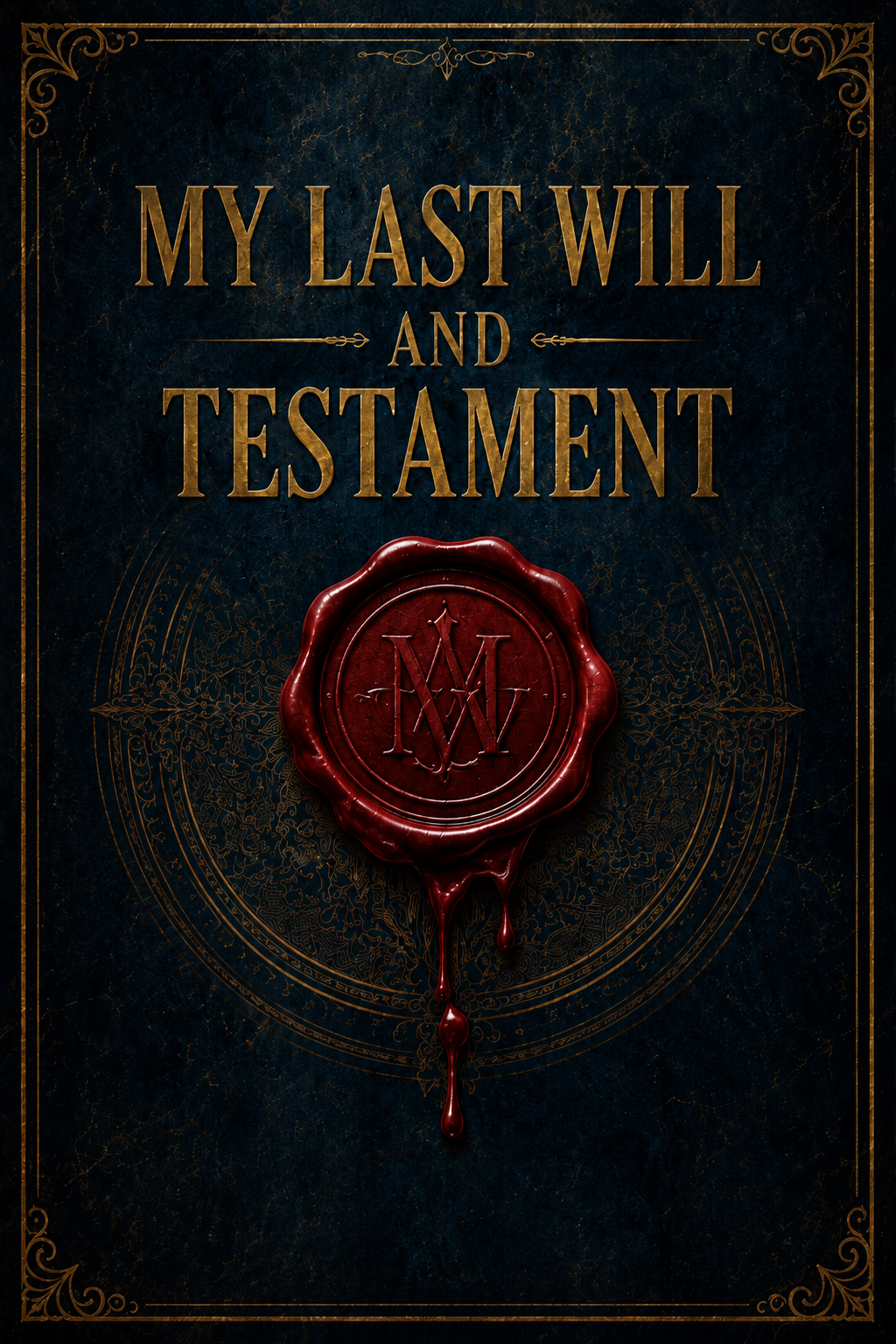 A book cover titled 'My Last Will and Testament' with a dark background, gold ornate borders, and a red wax seal featuring intertwined initials.
