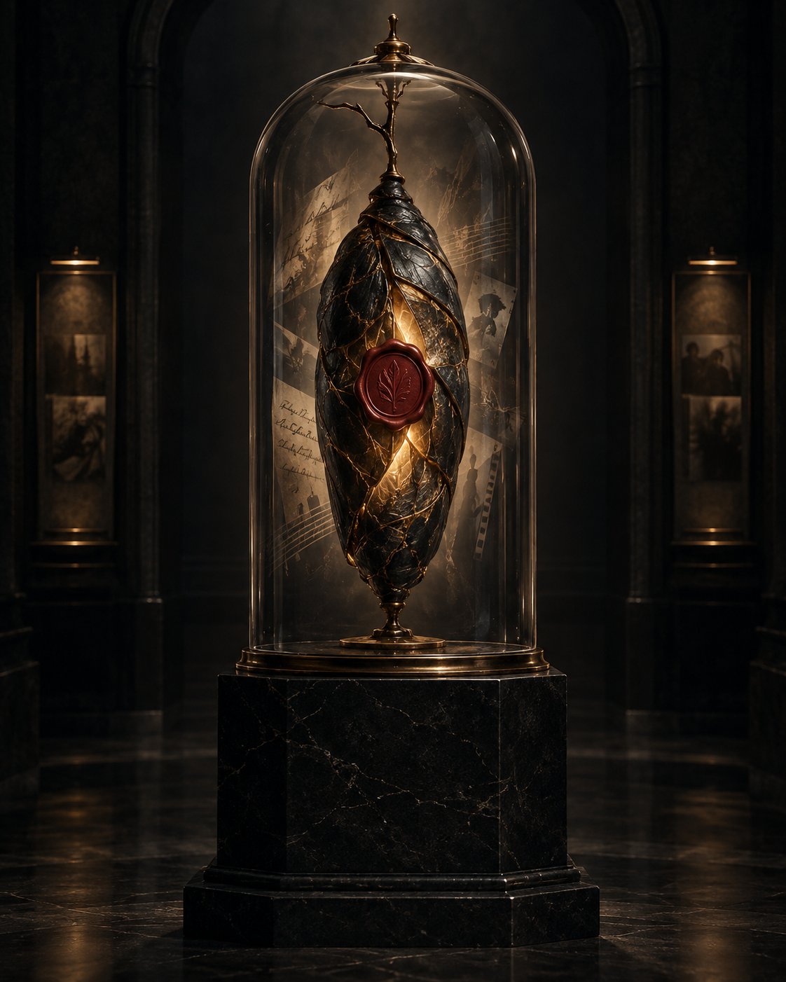 A mysterious sculpture resembling a heart encased in a golden, leaf-like structure, displayed under a glass dome on a black marble pedestal in a dimly lit museum setting.