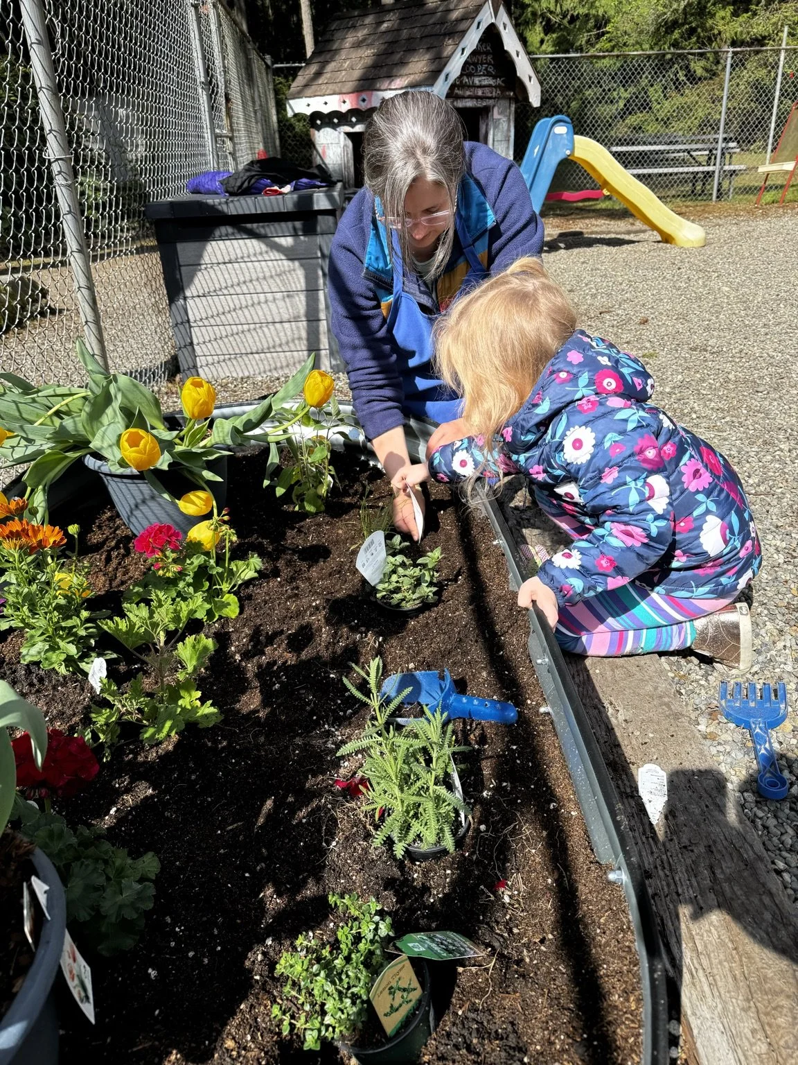 Teacher and child planting flowers during a hands-on gardening activity.