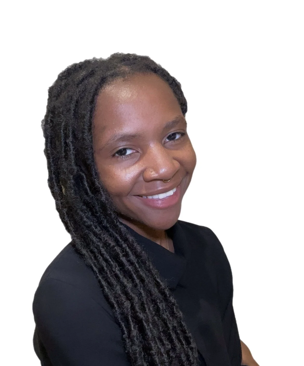 Portrait of a woman with long dreadlocks, smiling, wearing a black shirt, isolated on a white background.