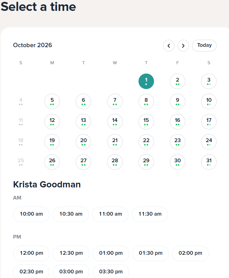 Wingmen & Wiggles online booking calendar for selecting an appointment date and time