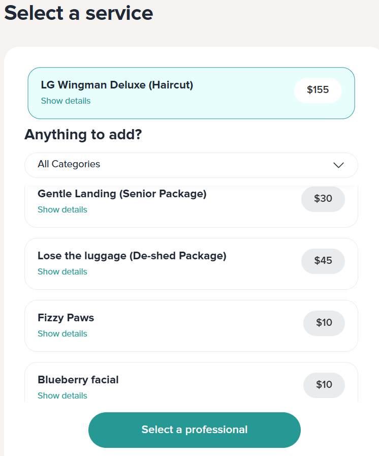Wingmen & Wiggles online booking page showing grooming add-ons