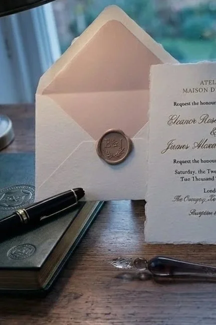 Invitation card with a wax seal, placed in a paper envelope, on a wooden table next to a fountain pen and a closed book.