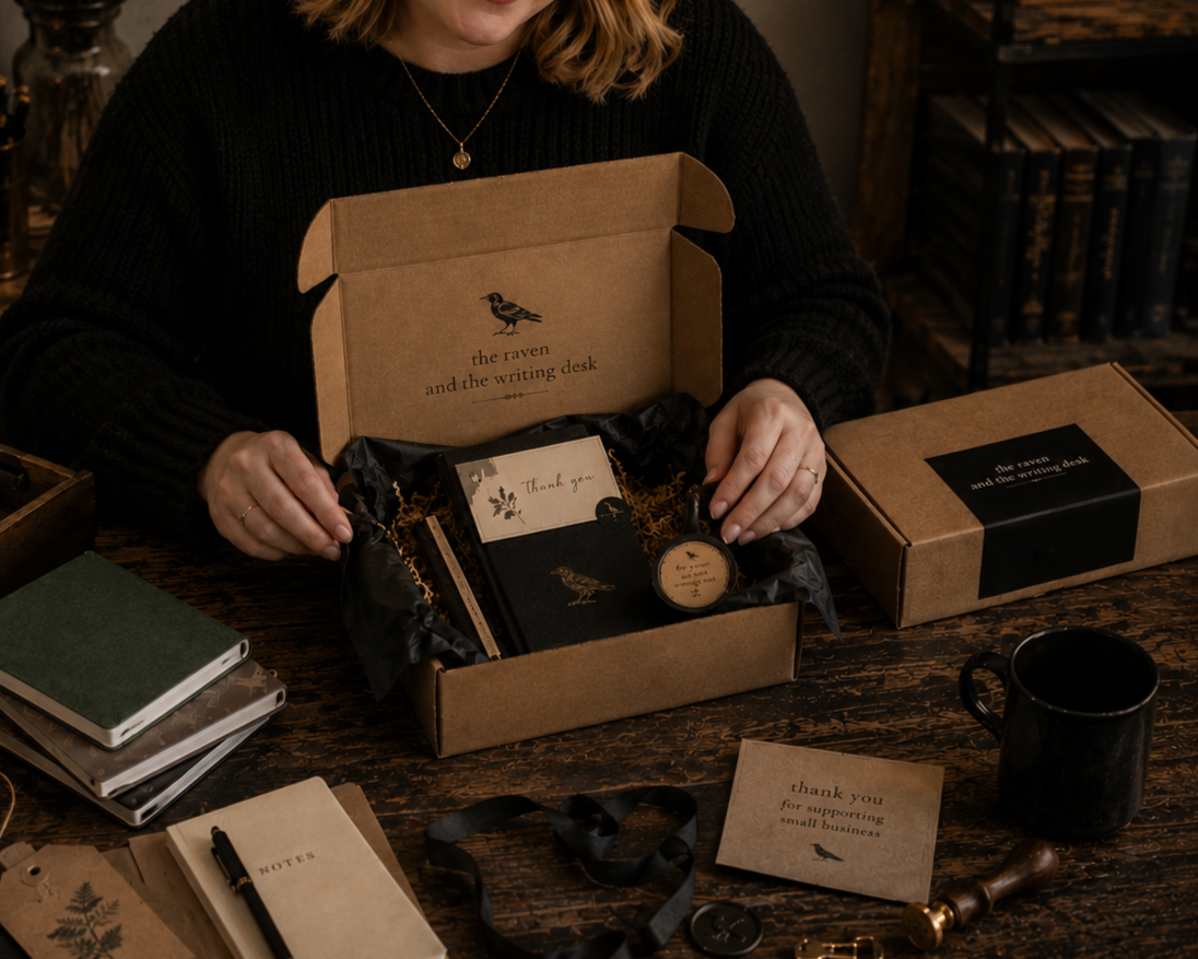 A person opening a gift box labeled 'the raven and the writing desk' with various high-end stationery items inside, on a writing desk surrounded by notebooks, a paper, and note cards.