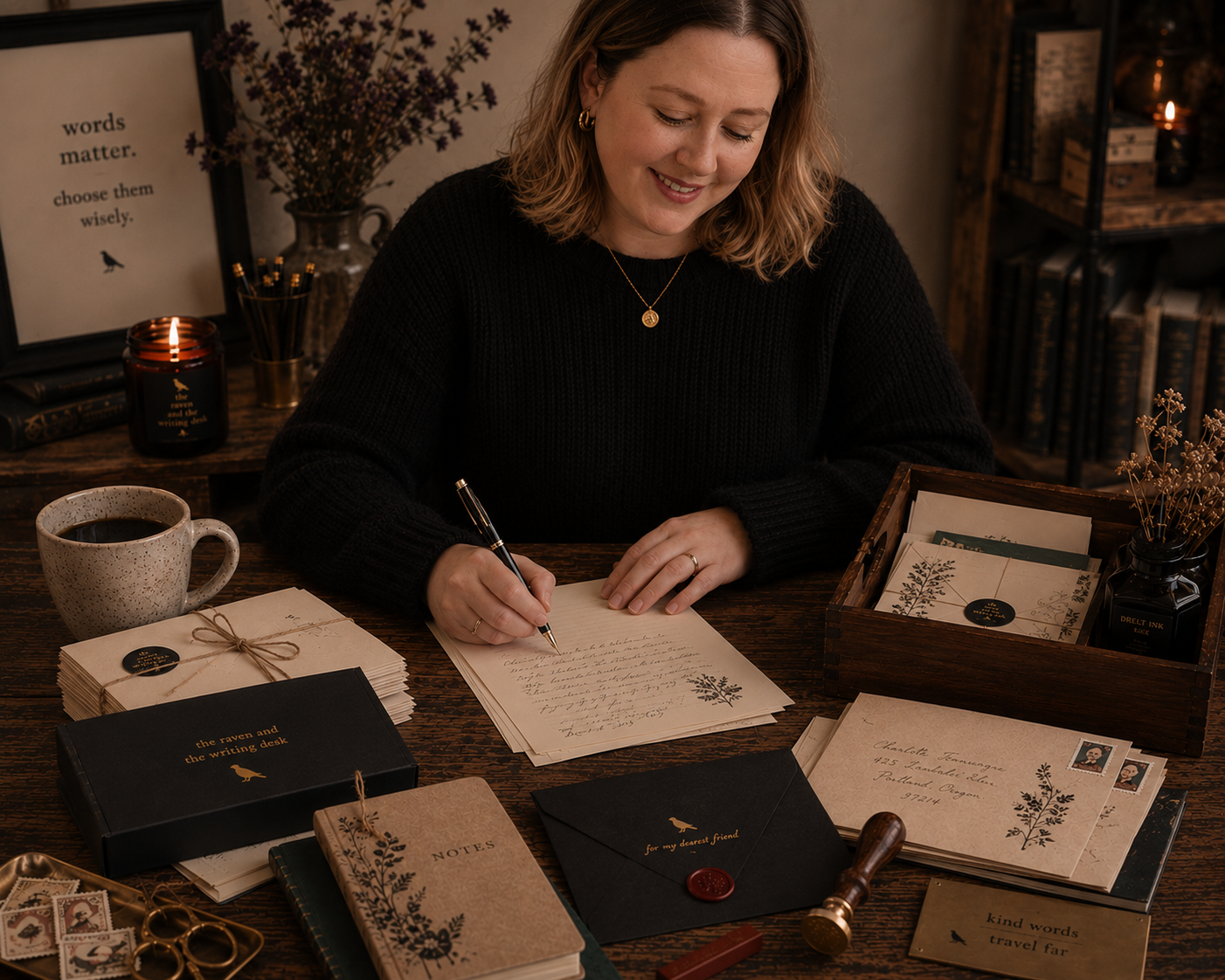 A woman sitting at a writingdesk, writing a letter with a black fountain. The desk is decorated with notebooks, journals,envelopes, and various stationery items in a cozy, warmly lit room with framed quotes, books, and dried flowers.