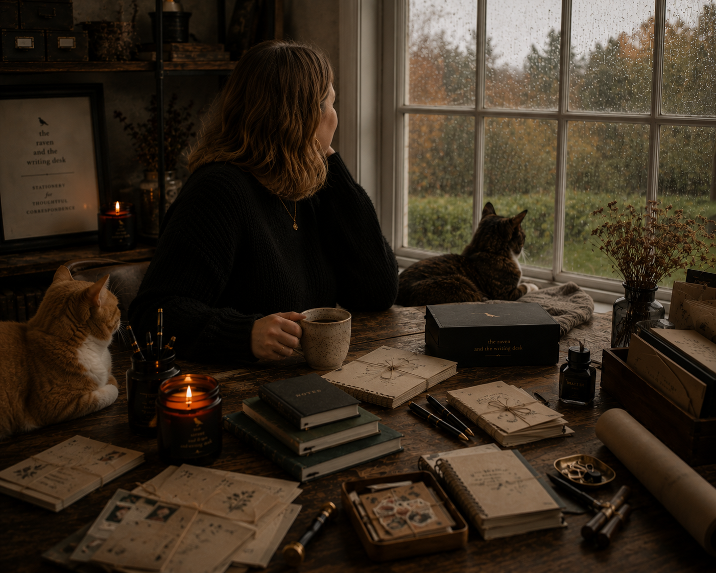 A woman sitting at a writing desk, looking out a rainy window with two cats, surrounded by premium quality notebooks, pens, and paper in a warmly lit room.