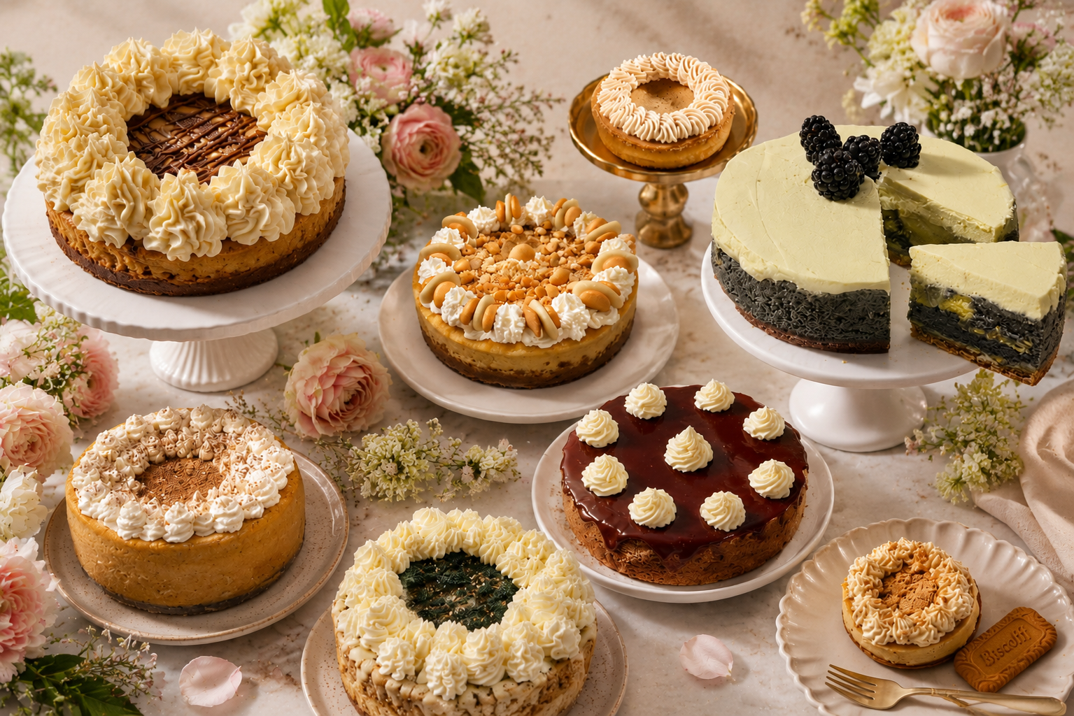 assortment of various cakes on plates, decorated with cream, chocolate, fruit, and nuts, surrounded by flowers and flower petals