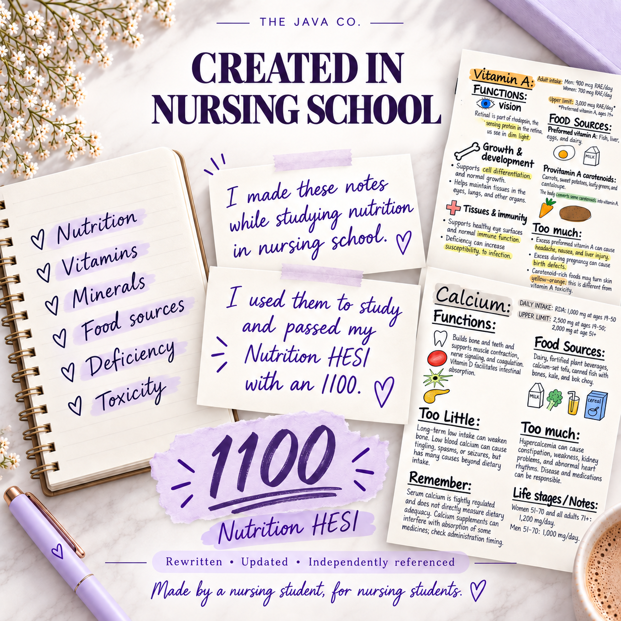 Creator’s nursing school study story, highlighting her personal Nutrition HESI score of 1100 alongside vitamin and mineral notes