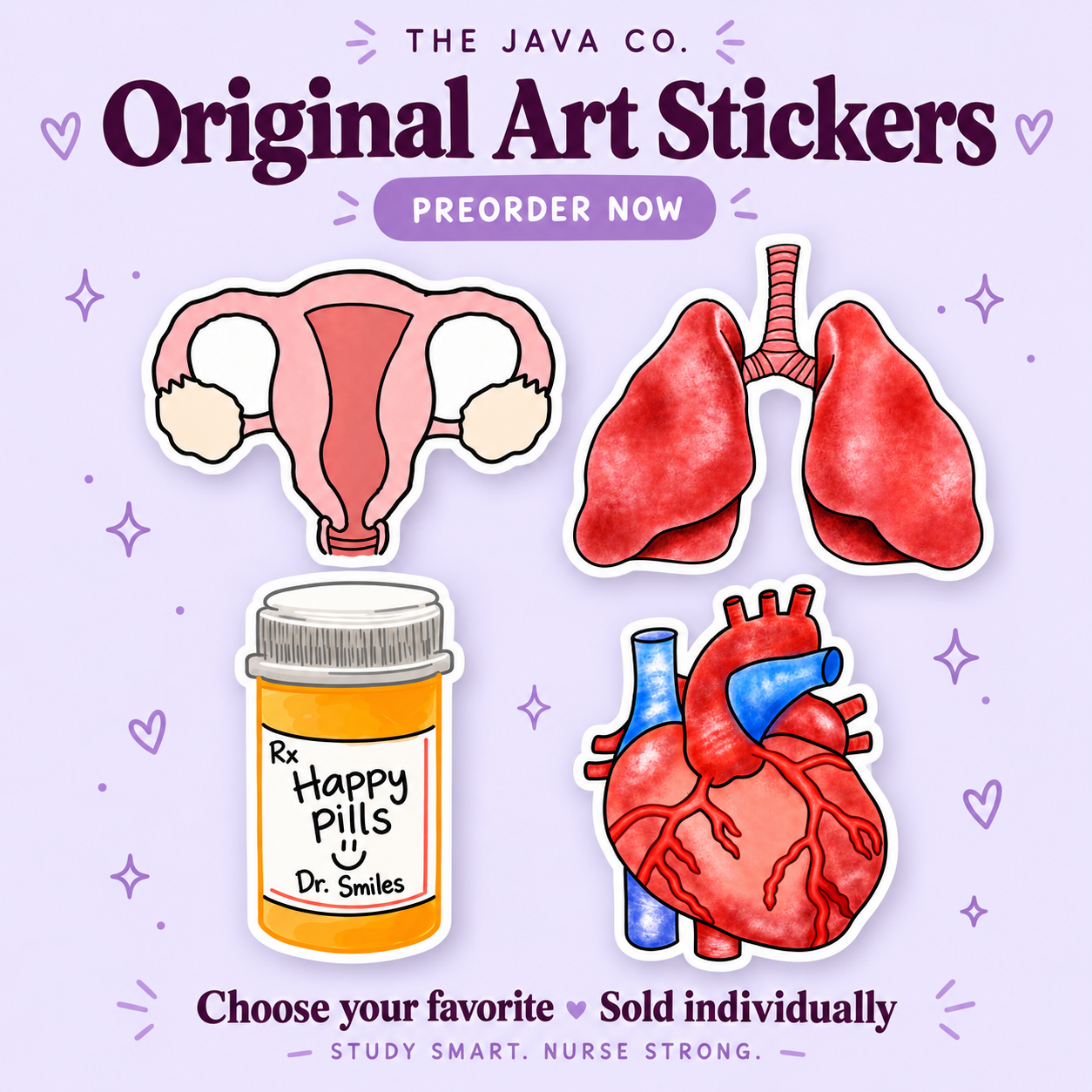 The Java Co. nursing stickers featuring an anatomical heart, lungs, uterus, and Happy Pills bottle on a lavender background.