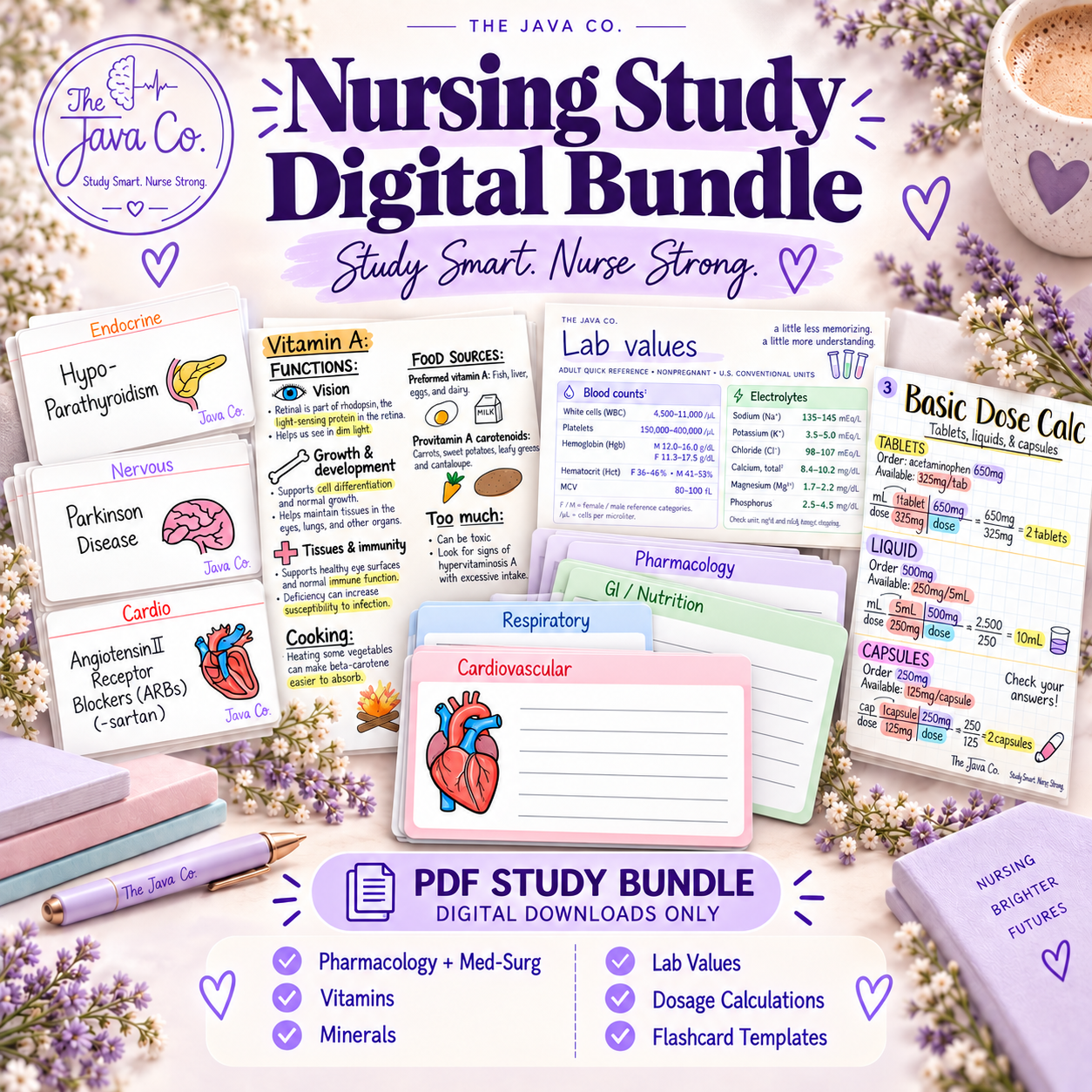 The Java Co. nursing school digital study bundle with illustrated flashcards, vitamin notes, lab value tables, dosage calculations, and blank flashcard templates.