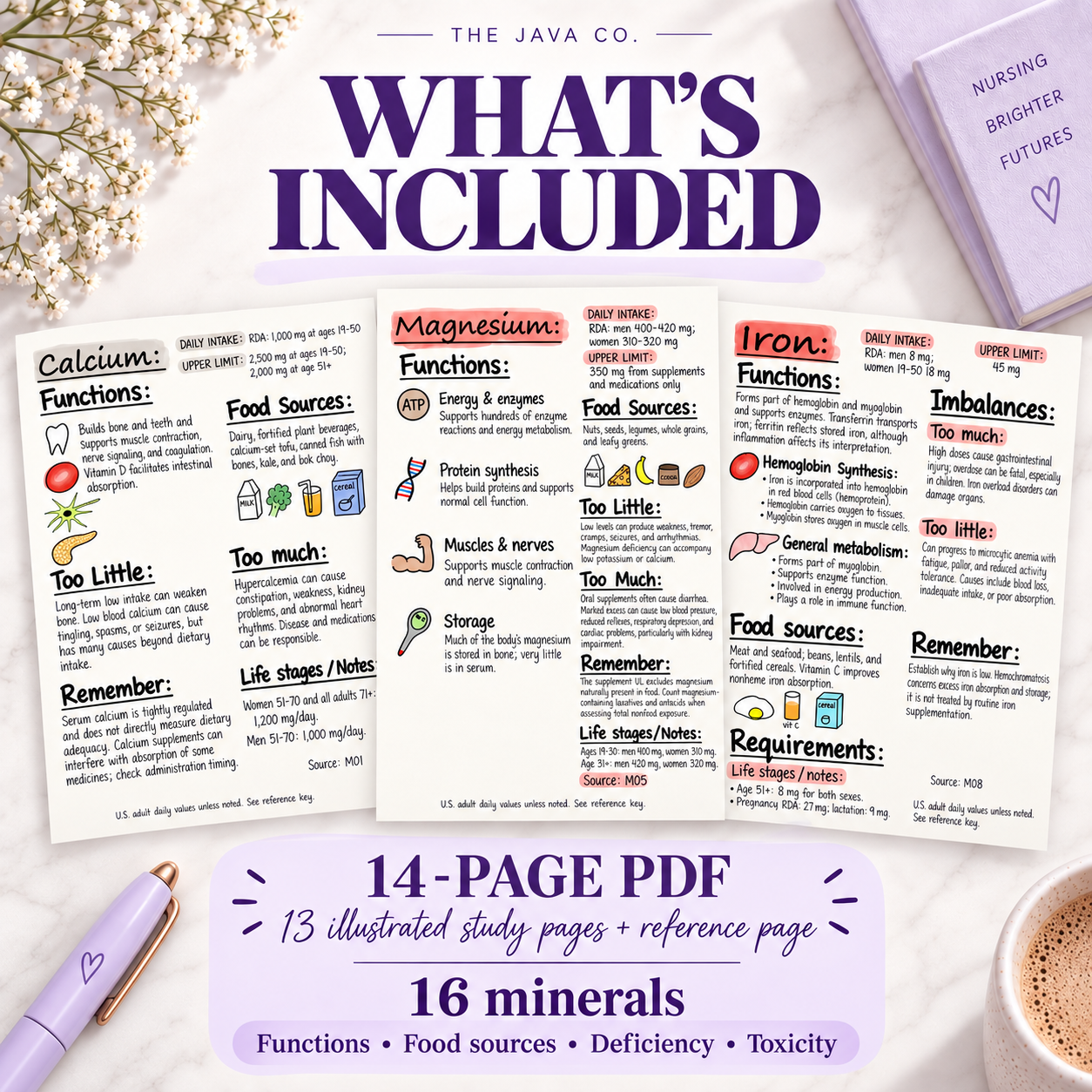 Preview of the 14-page minerals PDF covering 16 minerals, with 13 illustrated study pages and one reference page
