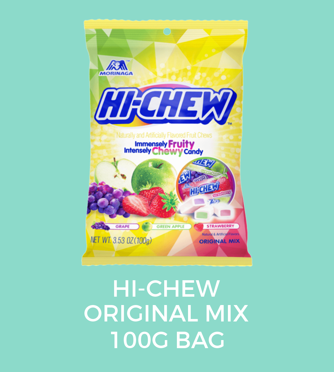 ORIGINAL MIX  FLAVOURS:   GRAPE, STRAWBERRY AND GREEN APPLE  WEIGHT: 100GMS