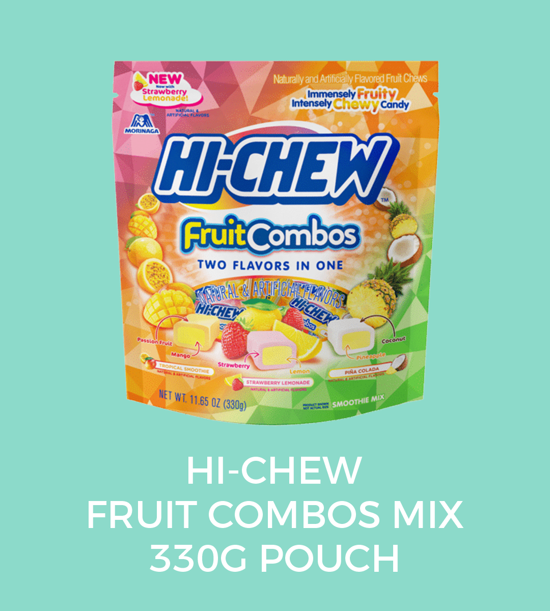 fruit combos MIX  FLAVOURS:   strawberry lemonade, tropical smoothie  and piña colada  WEIGHT: 330GMS
