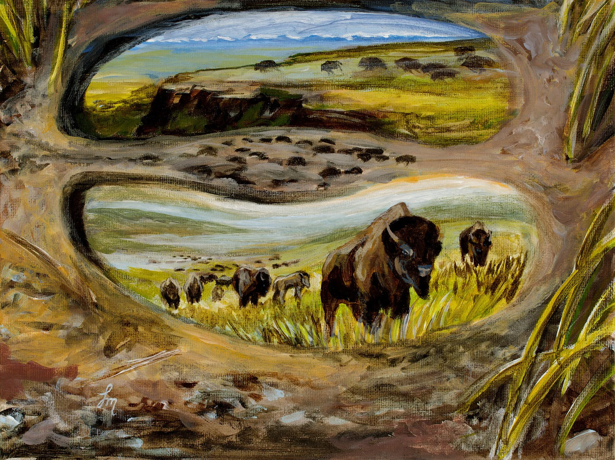 Painting of a rural landscape viewed through a cave or tunnel opening, with cows grazing in the fields and rolling hills in the background.