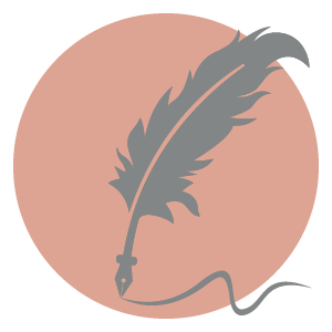 Gray feather quill pen on a pink circular background