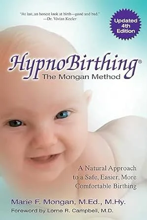 Close-up of a smiling baby's face with bright blue eyes, on the cover of the book "HypnoBirthing."