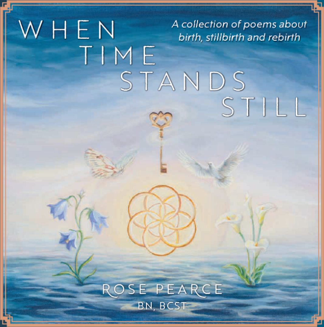 Book cover for 'When Time Stands Still' with a blue sky and water background, featuring a key, a dodecagram symbol, butterflies, a dove, and calla lily flowers, author Rose Pearce.