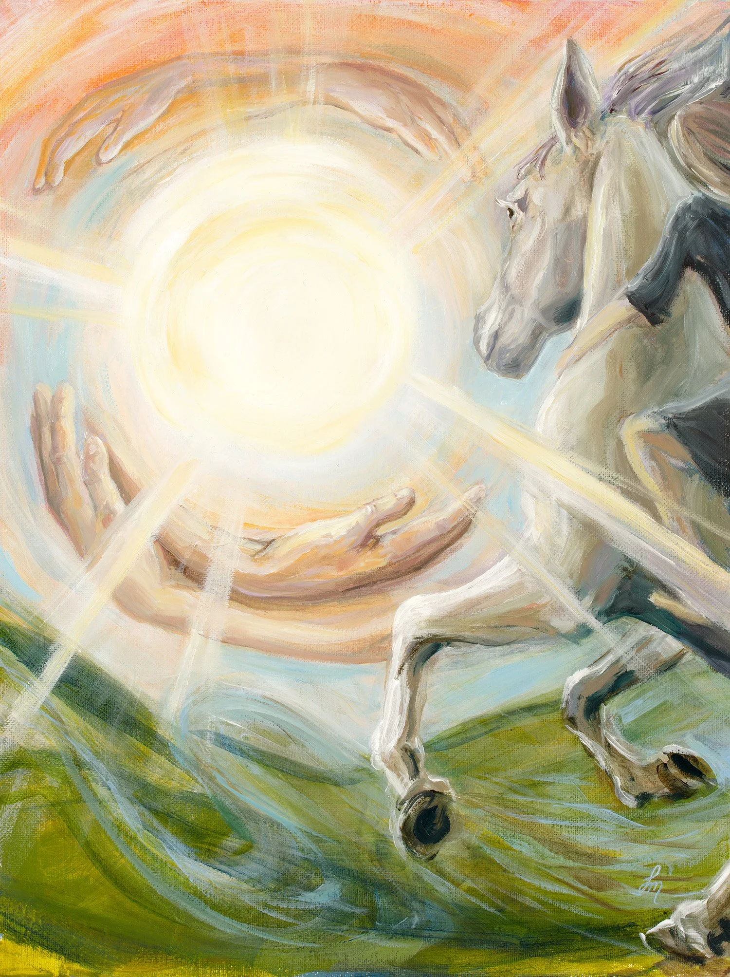 A painting of a white horse and a person with a light pink and orange sky in the background, surrounded by a glowing light in the center.