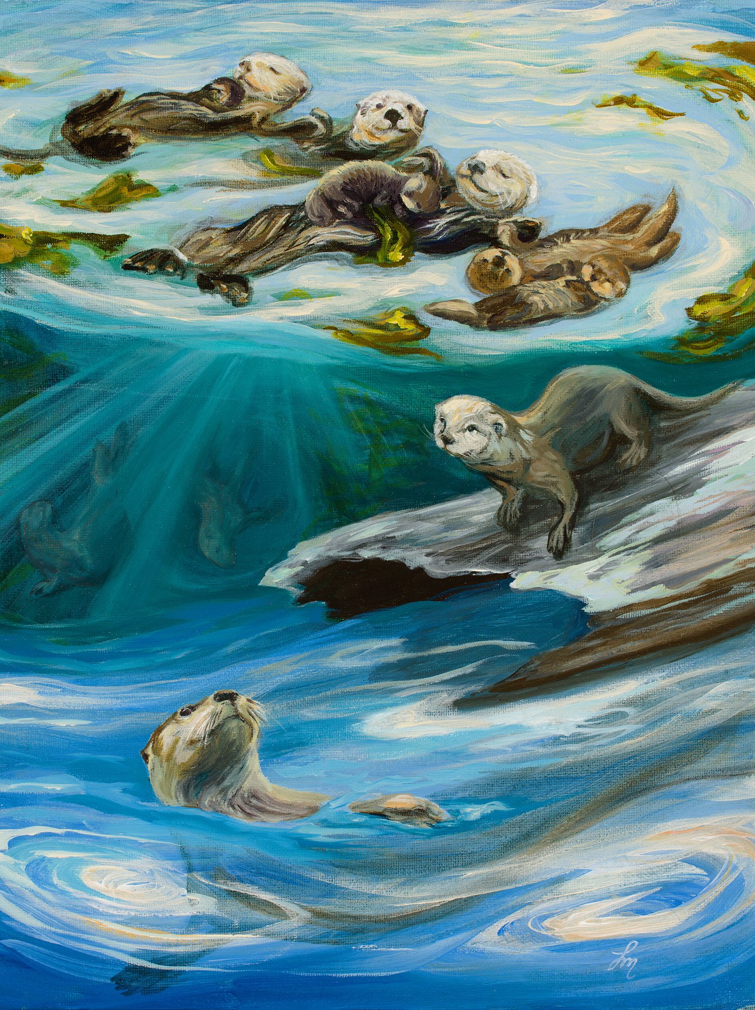 Painting of several otters swimming in blue water with green foliage around them.