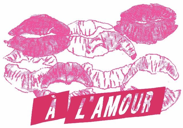 Pink graphic illustration of lips and a pair of eyes with the phrase "L'AMOUR" in bold white and pink text.
