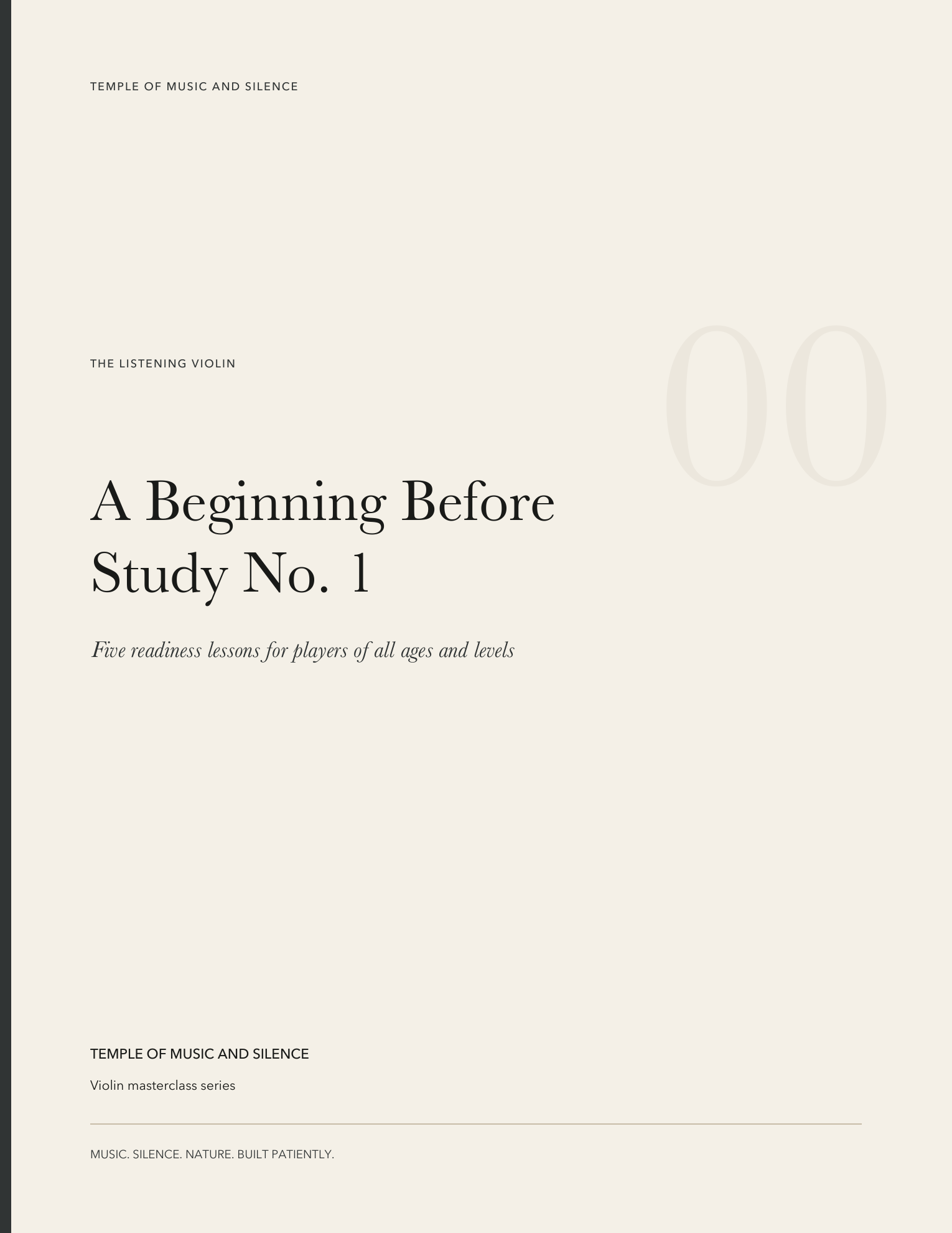 Minimal cream-and-charcoal cover for The Listening Violin, titled A Beginning Before Study No. 1.