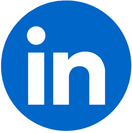 LinkedIn logo with white lowercase 'in' on a blue circle background.