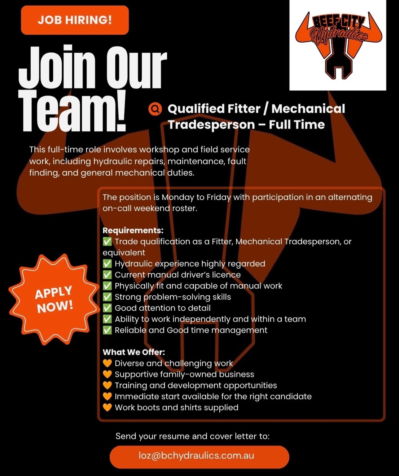 🔥JOIN OUR TEAM!🔥
Qualified Fitter / Mechanical Tradesperson &ndash; Full Time

Beef City Hydraulics is looking for a motivated and reliable Qualified Fitter or Mechanical Tradesperson to join our team.

This full-time role involves workshop and fie