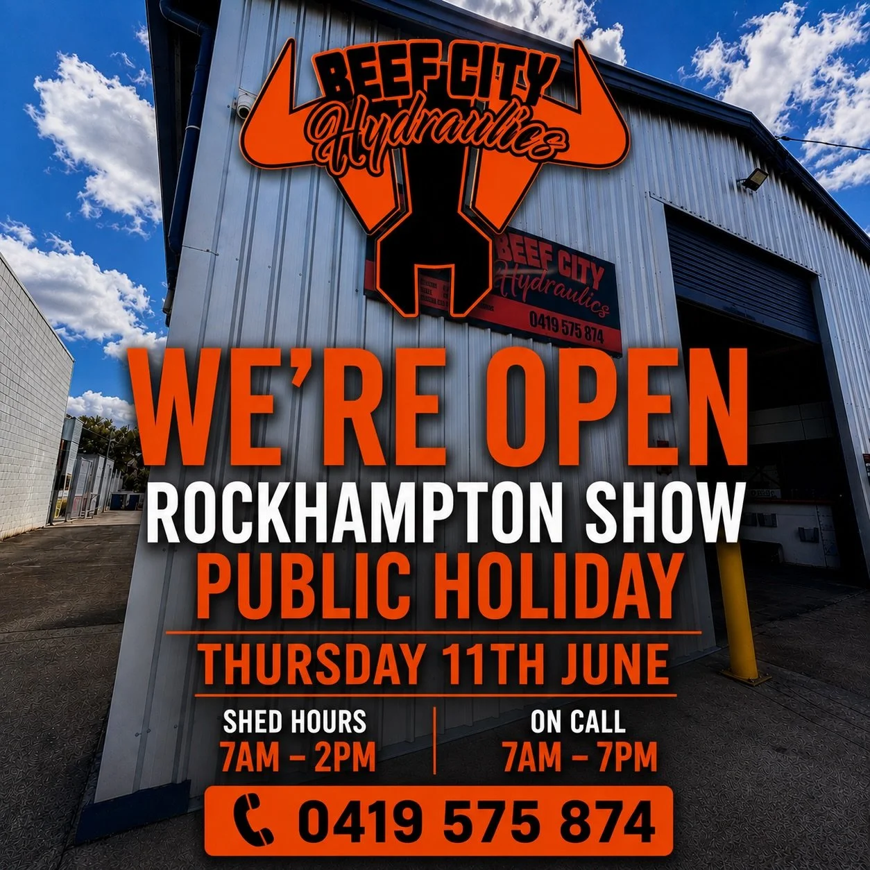 🧡OPEN THIS ROCKHAMPTON SHOW PUBLIC HOLIDAY! 🧡

Need hydraulic repairs, hose replacements, breakdown assistance or workshop support this Thursday? We&rsquo;ve got you covered.

🔧 Shed hours: 7am &ndash; 2pm
📞 On call: 7am &ndash; 7pm

Proudly serv