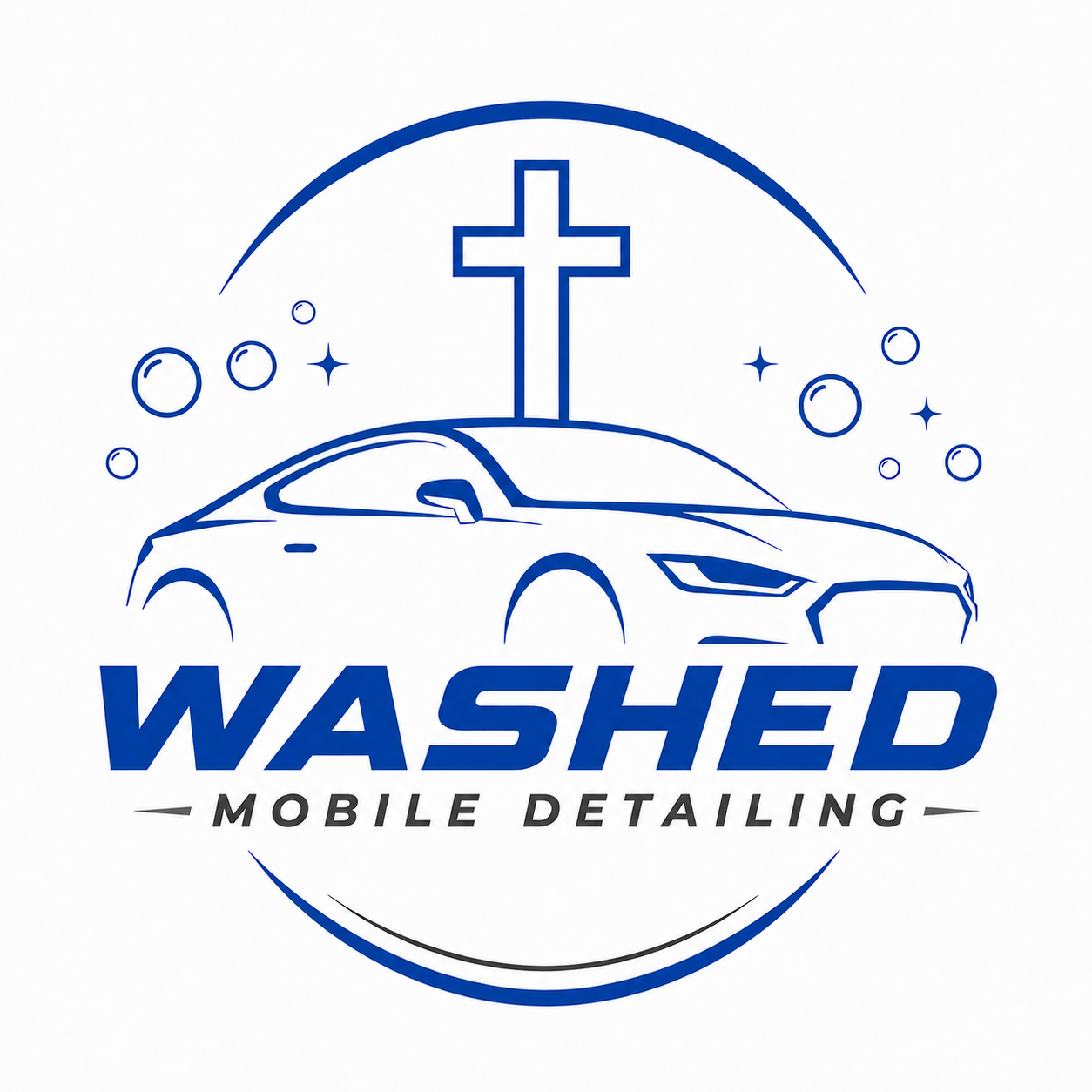 A logo for Washed Mobile Detailing featuring a stylized car outline, a cross above the car, and decorative stars and bubbles, with the text 'WASHED' in bold blue and 'MOBILE DETAILING' underneath.