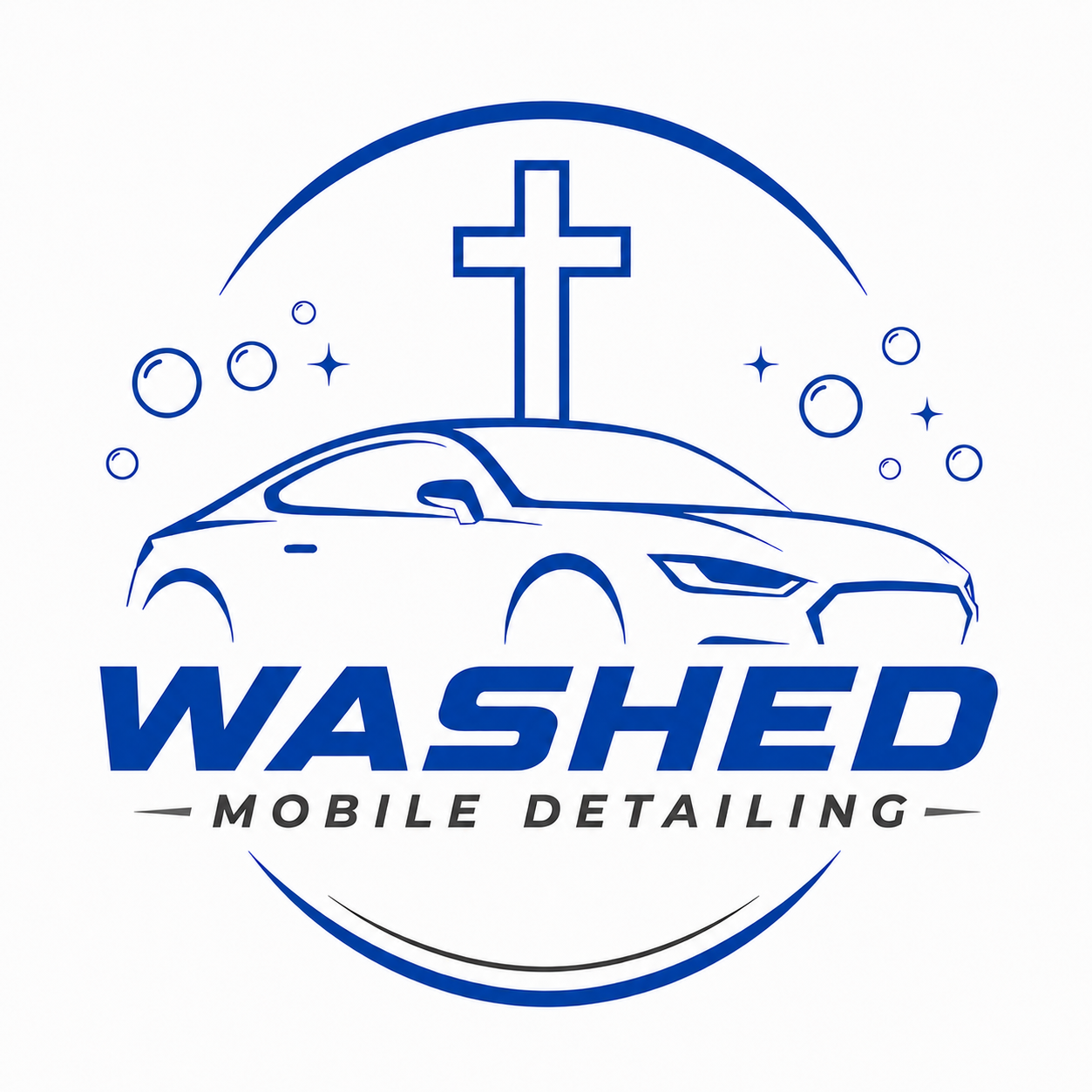Logo for Washed Mobile Detailing featuring a stylized line drawing of a car with a cross in the background, stars and bubbles around, and the text 'WASHED' in bold blue font, with 'Mobile Detailing' below in smaller black font.