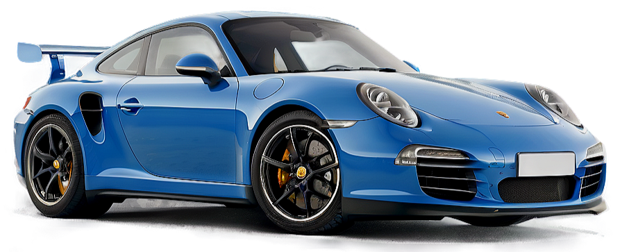 A blue Porsche 911 sports car with black wheels, yellow brake calipers, and a rear wing, parked on a plain background.