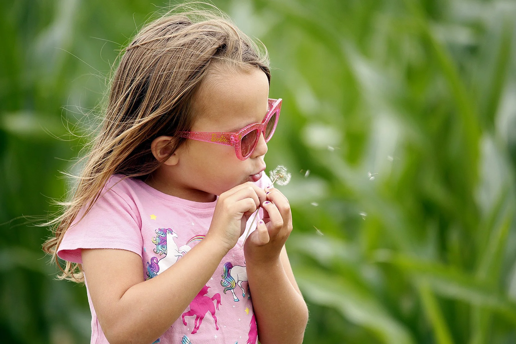 A young girl with long brown hair wearing pink sunglasses and a pink unicorn t-shirt blowing on a dandelion in a green outdoor setting.